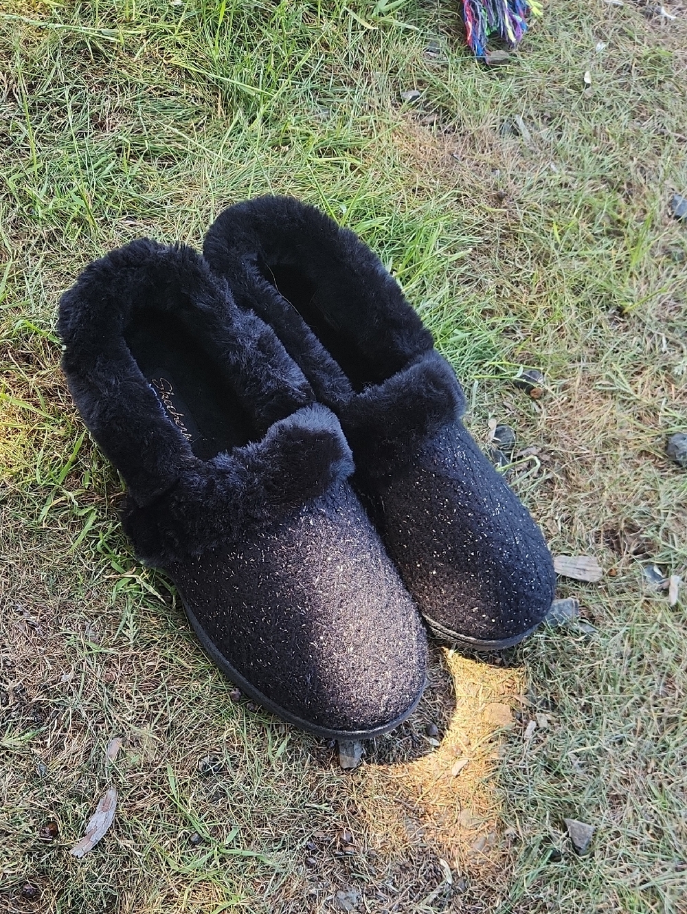 Skechers Black Sparkle Faux-Fur Slip-On Slippers